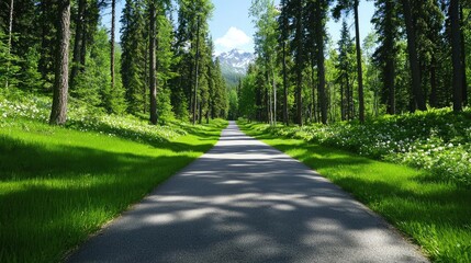 Obraz premium Scenic paved path through lush forest, mountain view, sunny day, nature escape