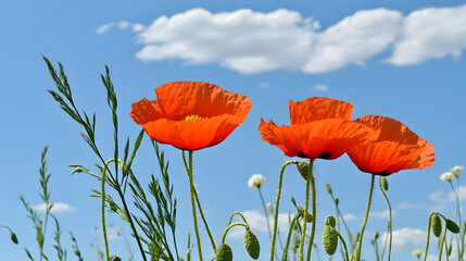 Three vibrant red poppies bloom under a bright sunny sky with fluffy white clouds; perfect for spring or summer themes