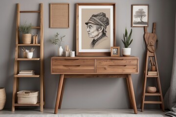 artist workspace interior with stylish teak commode, wooden easel, bookcase, decoration