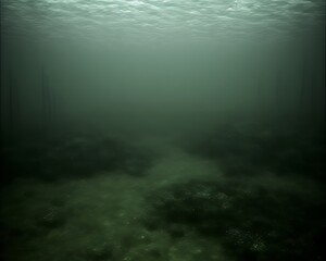 Fototapeta premium Dark, murky underwater scene with rocks and sandy bottom.
