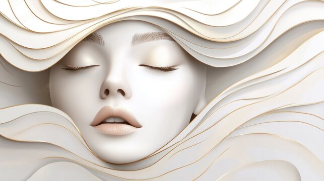 Serene woman, paper waves, abstract background, beauty ad