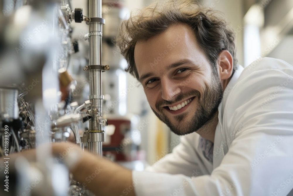 Poster a person smiling while operating machinery, suitable for use in illustrations about work, industry, 