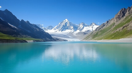 Turquoise glacial lake reflecting snow-capped mountains under a clear blue sky.  Perfect for travel brochures and landscape photography