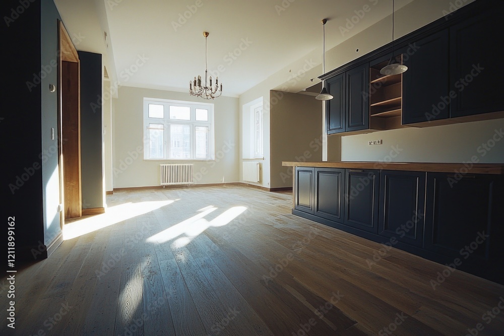 Poster A modern interior design concept featuring an empty room with a chandelier as the main focal point, suitable for use in architectural or design projects