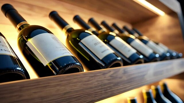 Close-up of wine bottles on a wooden shelf in an elegant setting.