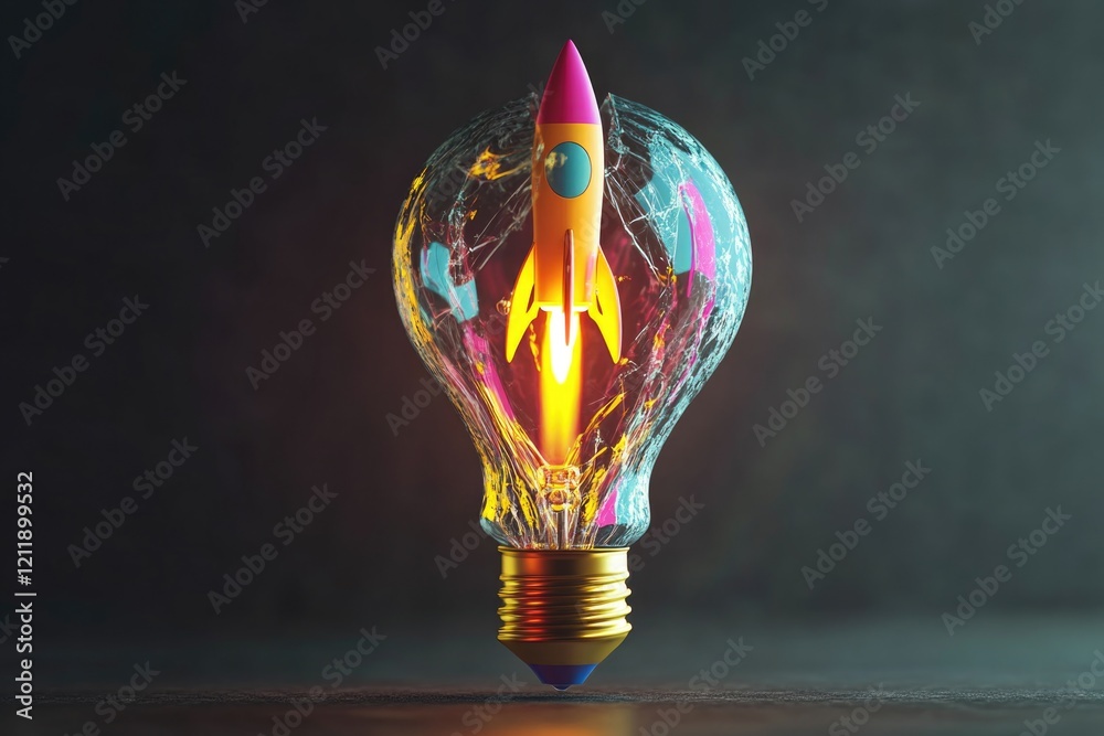 Poster a futuristic light bulb containing a miniature rocket inside