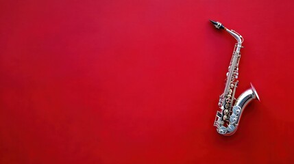 A minimalist composition featuring a saxophone on a vibrant red background