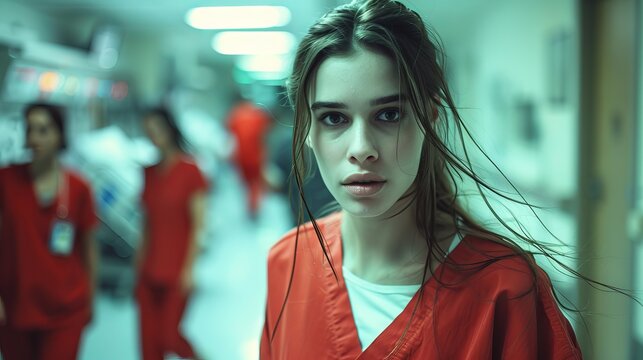 A concerned young woman of Caucasian descent in red scrubs stands in a busy hospital corridor, conveying a sense of urgency and dedication.