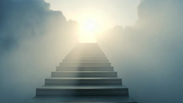 Staircase leading to light through misty clouds.