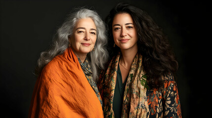 Two women, mother and daughter, pose against a black background, showcasing generational bond and family portraiture