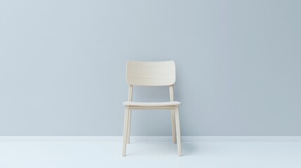 A minimalist wooden chair with simple carved patterns on a light gray backdrop