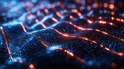 Abstract digital wave patterns illuminated in blue and orange tones, capturing the essence of modern technology and connectivity.