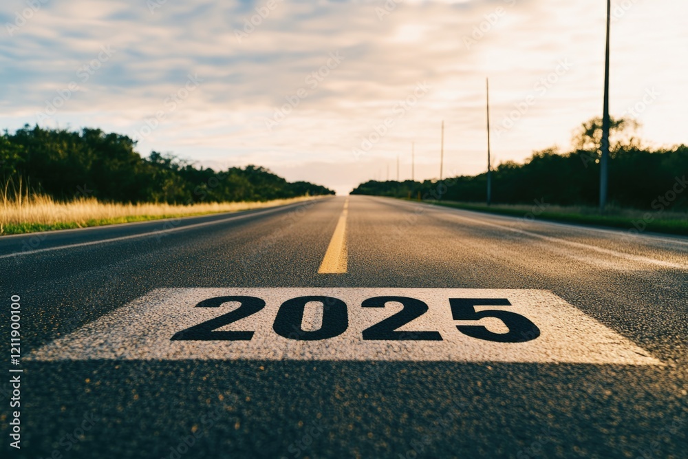 Poster a road with the year 2025 marked, suitable for representing future or progress themes