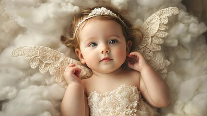 Adorable baby girl with angel wings and delicate outfit surrounded by fluffy clouds