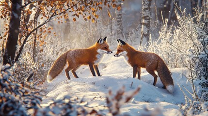 Captivating Winter Scene Featuring Two Playful Foxes Frolicking in a Blanket of Snow