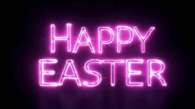 Pink neon lights spell out Happy Easter with white border on dark backdrop creating modern cheerful and festive holiday display