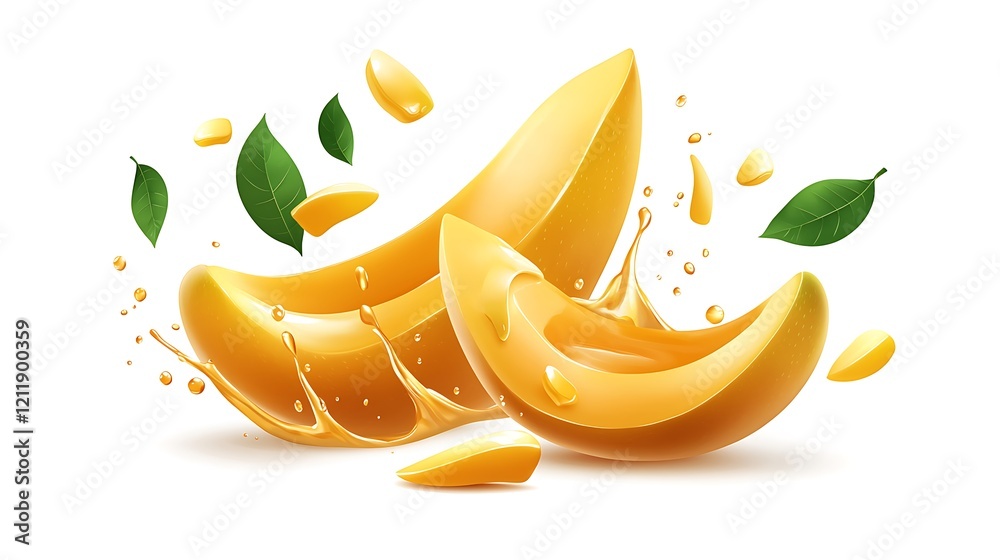 Wall mural Fresh mango slices with juice splashes and leaves on white