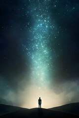 Fototapeta premium A person standing under a glowing sky filled with stars, symbolizing hope, guidance, and inner peace.