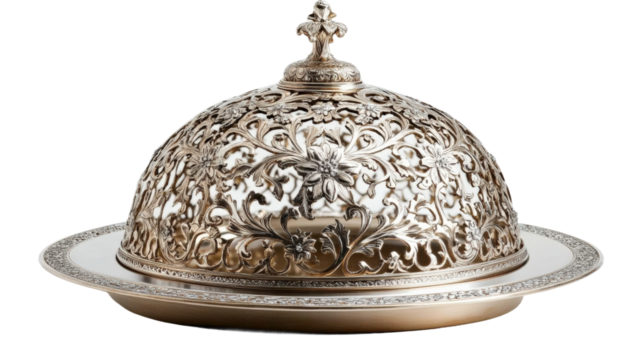 Intricate silver serving dome exhibits detailed floral design and craftsmanship isolated on transparent background