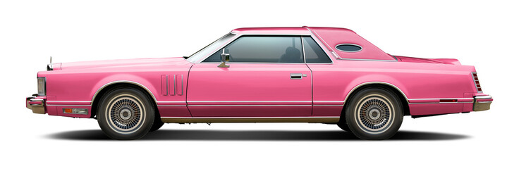 Classic American luxury car in pink. With a coupe body and a soft top in pink. In png format on a...