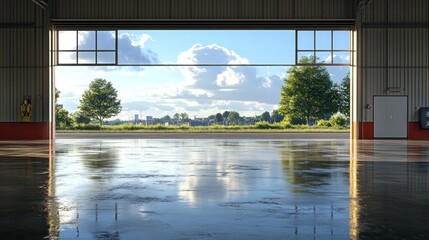 Fototapeta premium Hangar Door Opens to Scenic View: A Breathtaking Panorama of Nature and Cityscape