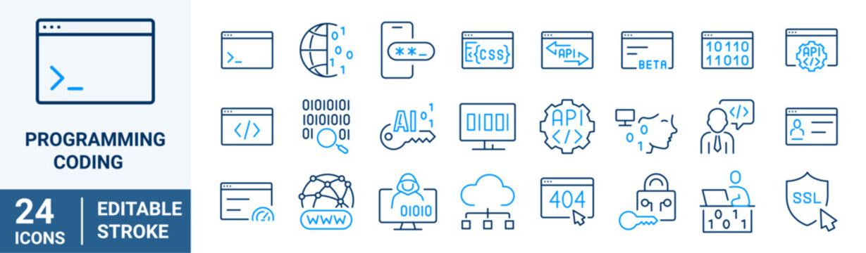 Programming Coding web line icons. Software, development, legal, cloud computing, programmer, data, collection. Vector illustration.