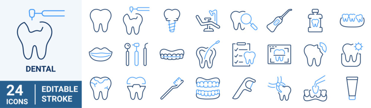 Set of 24 outline icons related to dental. Linear icon collection. Editable stroke. Vector illustration