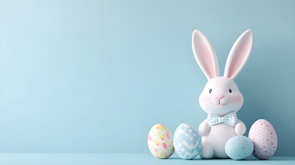 Obraz premium Happy Easter. Cute rabbit with decorated colorful easter eggs on pastel light blue background with copy space. Creative minimal concept for greeting card. Spring invitation, flyer, border, banner.