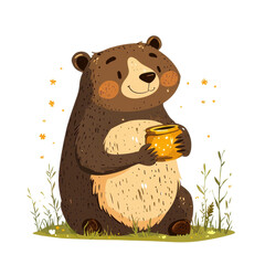 Cute and Friendly Bear Holding a Honey Jar Surrounded by Green Grass and Flowers in a Playful and Cheerful Cartoon Style Illustration