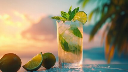 Nojito in a tall glass, filled with crushed ice and lime wedges and sprigs of fresh mint The glass on light wooden surface, with a subtle reflection natural lighting for tropical yet minimalist feel