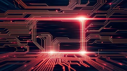 Futuristic Technology Red Circuit Board with Glowing Lines and Depth