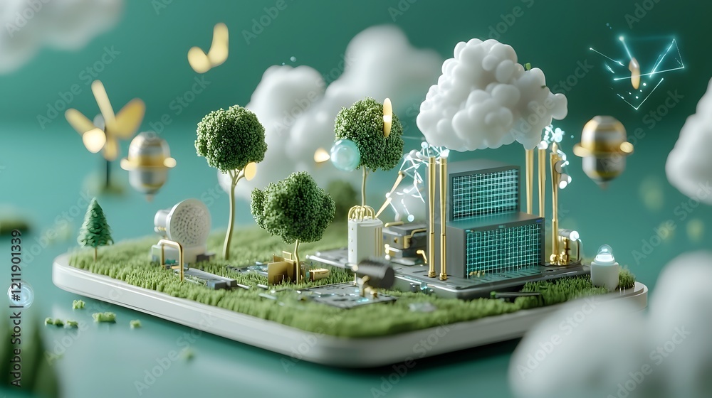 Poster a utopian future where quantum computing ensures environmental harmony and resource optimization sho