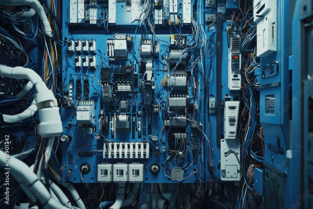 Poster a collection of wires and electrical devices in a controlled environment