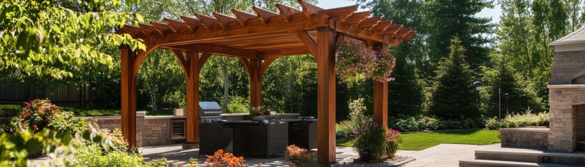 Naklejka premium A beautiful outdoor kitchen with wooden gazebo and lush greenery.