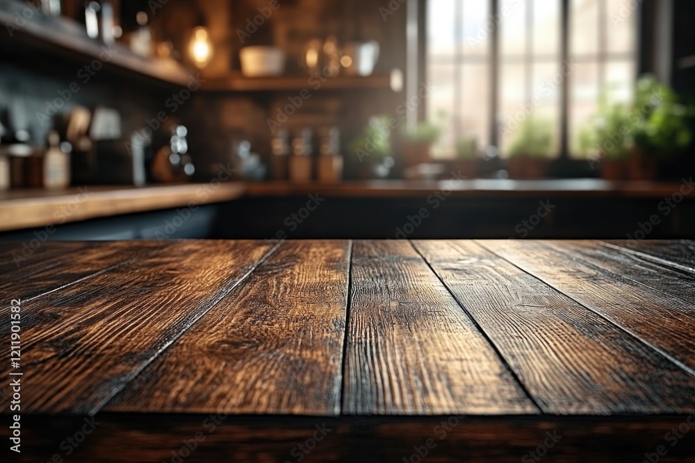 Poster a simple wooden table placed near a window with natural light