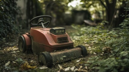 A vintage manual push lawn mower on a patch of overgrown grass