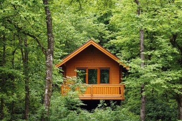 A small cabin surrounded by trees in the woods