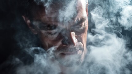 Fototapeta premium A person exhaling smoke from a lit cigarette, with a neutral expression
