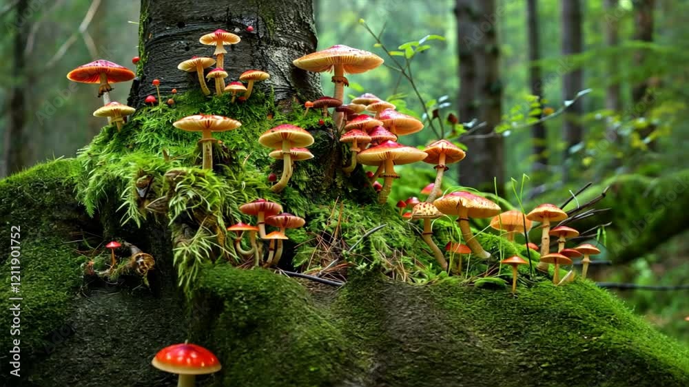 Poster vibrant mushrooms on mossy tree trunk serene forest ecosystem filled with greenery and enchanting fl