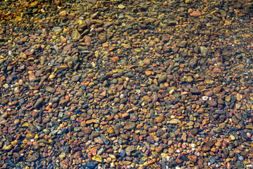 Stones on the river bottom under a layer of clean river water. Pebble texture. Ecology.