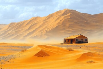 Lonely desert house, immense sand dunes.