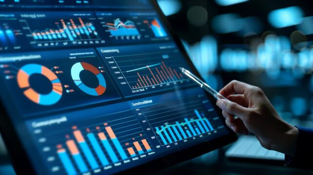 Analyst using computer dashboard for data analysis, customer database, and reporting insights
