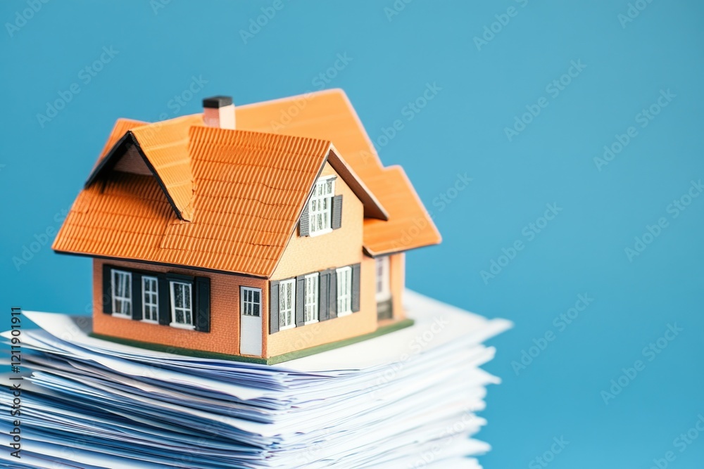 Poster a house sits on top of a stack of papers in a creative and humorous way