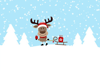 Rentier Zieht Geschenk Auf Dem Schlitten Im Wald Blau Dunkelrot