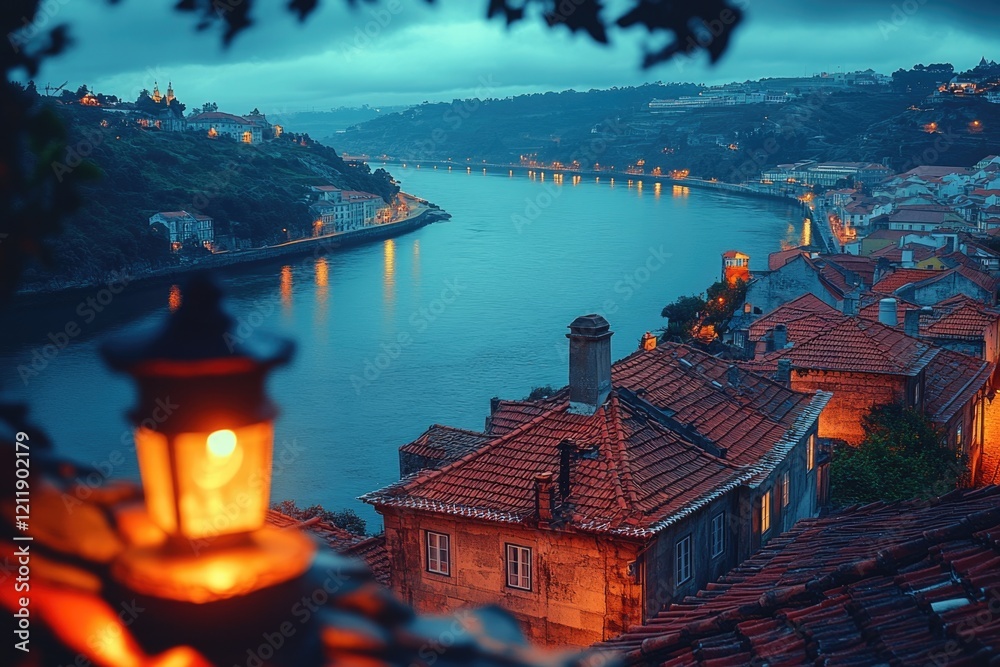 Poster a cityscape with a river flowing in the background, ideal for use in travel and tourism projects