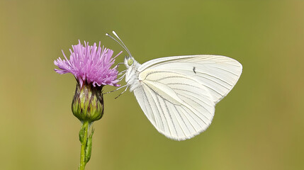 Naklejka premium White butterfly on thistle flower, meadow background, nature photography, ideal for nature websites