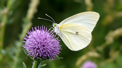 White butterfly on purple thistle flower in meadow, nature background, perfect for nature posters