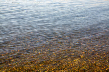 Background of river water with stones at the bottom. Texture of water and stones