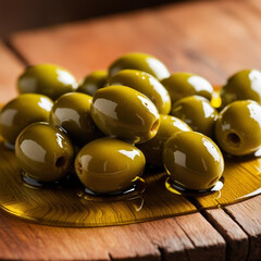 Green olives and oil on wooden table