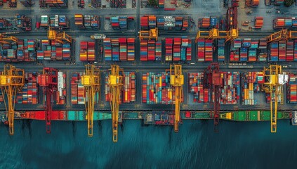 Naklejka premium Aerial View of Colorful Shipping Containers at a Port with Cranes Loading and Unloading Cargo Over Calm Blue Waters in a Busy Industrial Setting